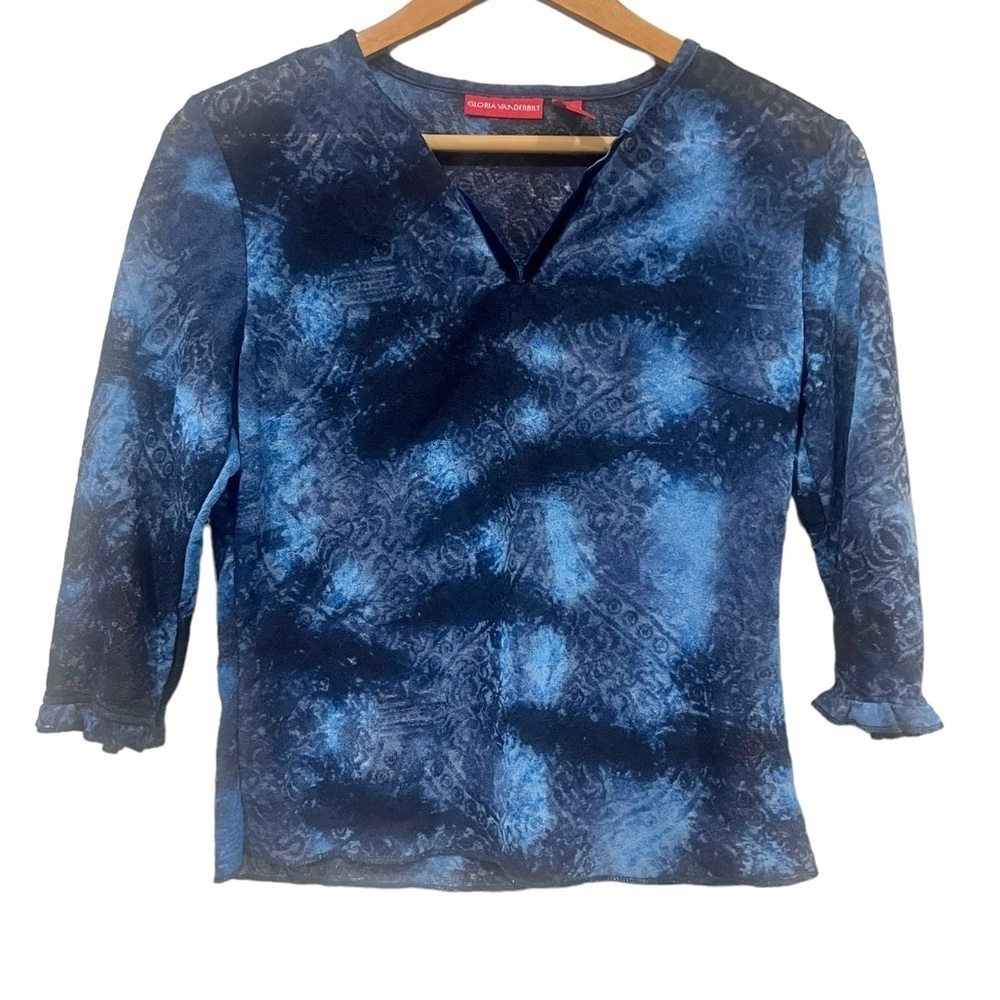 Vintage Gloria Vanderbilt Petite Medium Sheer Top Blouse 3/4th Sleeves Blue 90s